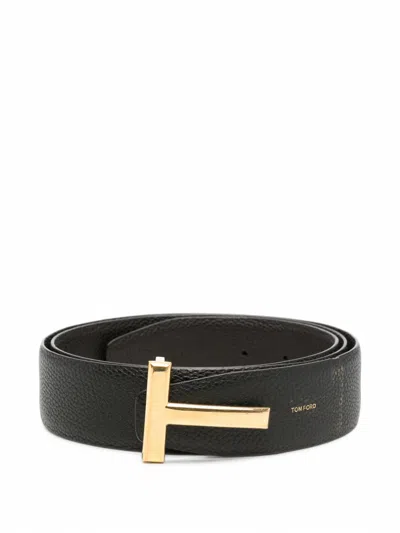Pre-owned Tom Ford T Logo-buckle Leather Belt In Black