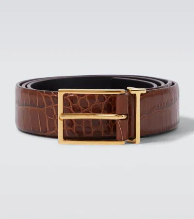 Tom Ford T Loop Croc-effect Leather Belt In Brown