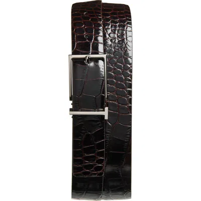 Tom Ford T Loop Croc Embossed Patent Leather Belt In Burgundy