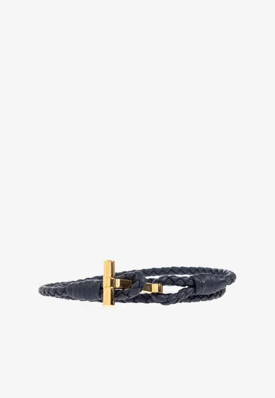 Tom Ford T-monogram Braided Leather Bracelet In Blue