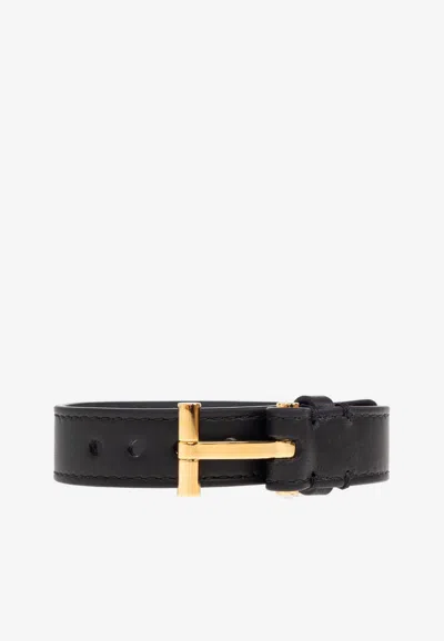 Tom Ford T-monogram Leather Bracelet In Black