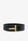 Tom Ford T Plaque Croc-embossed Leather Belt In Black