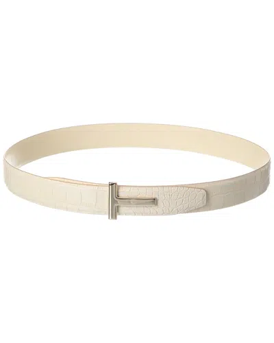 Tom Ford T Plaque Croc-embossed Leather Belt In Neutral