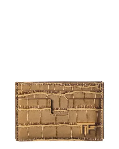 Tom Ford T Plaque Croc-embossed Leather Card Case In Brown