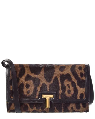 Tom Ford T Plaque Haircalf & Leather Wallet On Chain In Brown