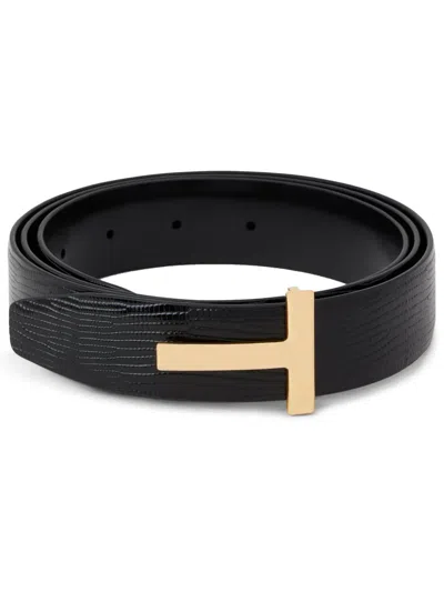 Tom Ford Calfskin Textured Leather Adjustable Belt In Black