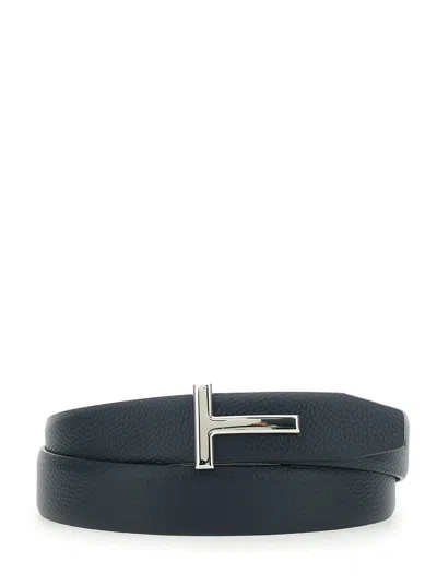 Tom Ford Blue Reversible Belt With T Buckle Closure And Embossed Crocodile Effect In Leather Man