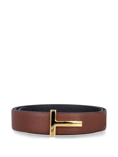 Tom Ford Logo-plaque Belt In Brown