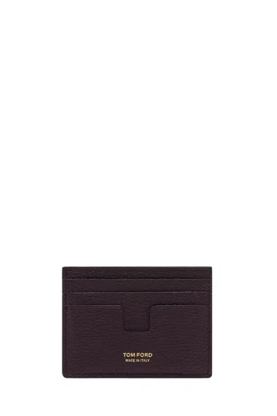 Tom Ford Bordeaux Card Holder With Embossed Logo Lettering On The Front In Grained Leather Man In Brown