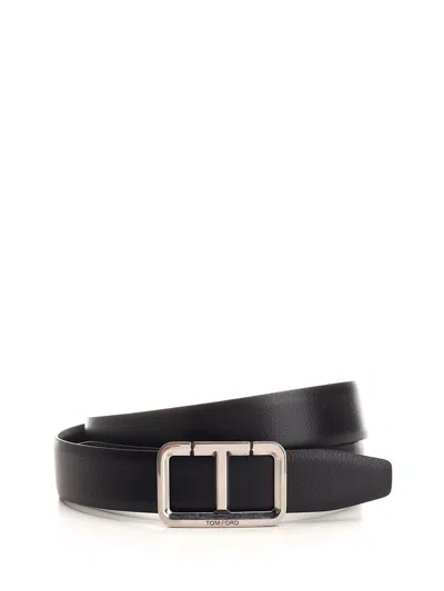 Tom Ford T Shiny Leather Belt With Silver Buckle In Black