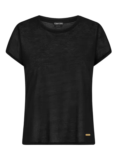 Tom Ford Sheer Silk T-shirt With Gold Logo Plaque In Black