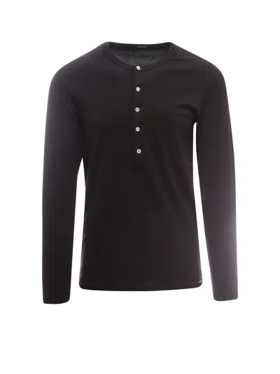Tom Ford Henley-neck Long-sleeved Jersey T-shirt Clothing In Black
