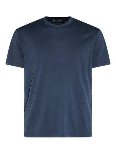 Tom Ford Lyocell T Shirt Short Sleeves Round Neckline In Blue