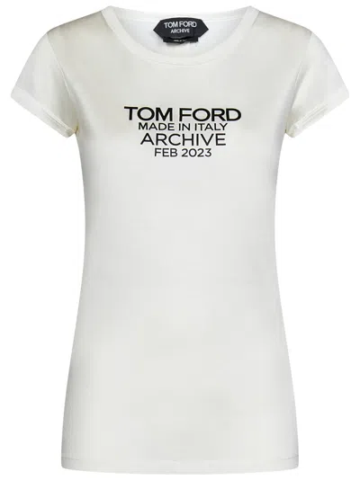 Tom Ford Silk T-shirt With Cap Sleeves And Printed Design In Beige