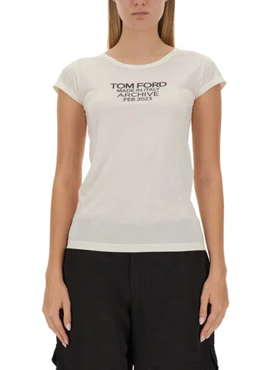 Tom Ford Silk T-shirt With Cap Sleeves And Printed Design In Beige
