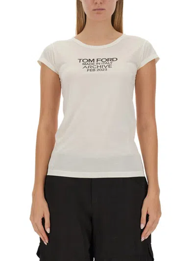 Tom Ford Silk T-shirt With Cap Sleeves And Printed Design In Beige
