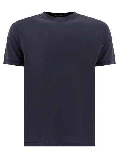 TOM FORD BLUE CREW NECK T-SHIRT WITH EMBROIDERED LOGO IN COTTON BLEND MAN