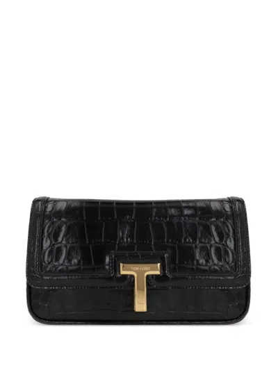 Tom Ford Shiny Stamped Embossed Shoulder Bag In Black