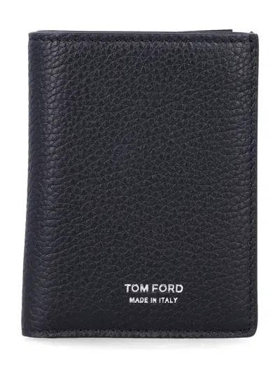 Tom Ford T T Line Grain Leather Bifold Wallet With Palladium-plated Brass Hardware In Nero