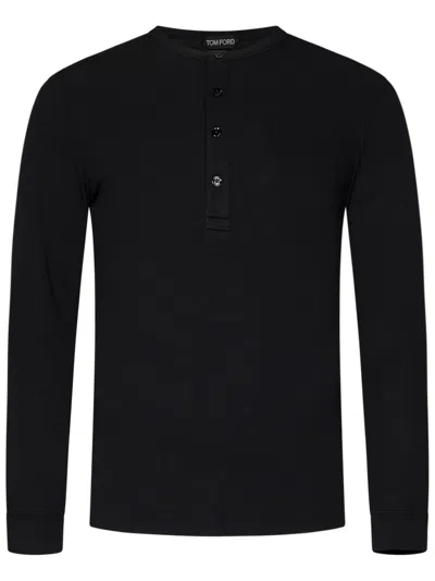 TOM FORD TOM FORD TAILORED BLACK HENLEY T-SHIRT WITH RIBBED DETAILING