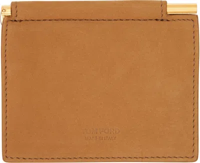 Tom Ford Tan Nubuck Folding Money Clip Card Holder In Gold