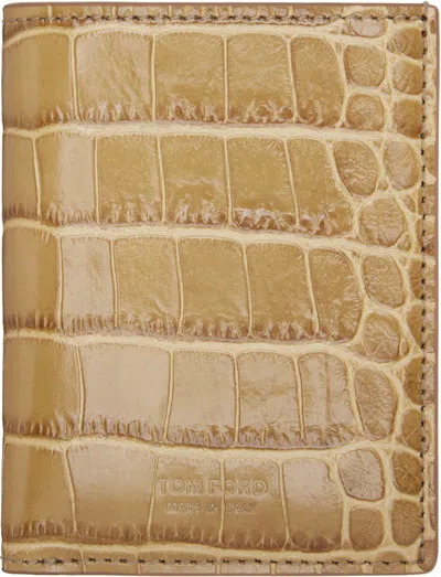 Tom Ford Tan Shiny Croc 't Line' Folding Card Holder In Brown