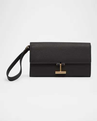 Tom Ford Tara Flap Pouch Wristlet In Grain Leather In Black