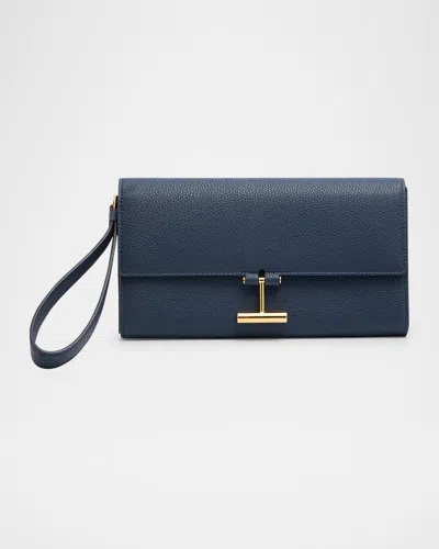 Tom Ford Tara Flap Pouch Wristlet In Grain Leather In Blue