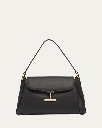 Tom Ford Tara Flap Shoulder Bag In Grain Leather In Black