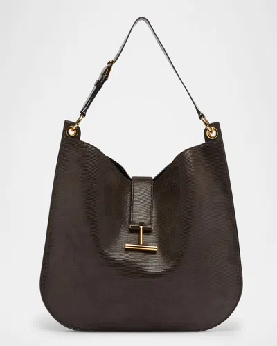 Tom Ford Tara Large Crossbody Bag In Lizard-embossed Suede And Leather In Chocolate