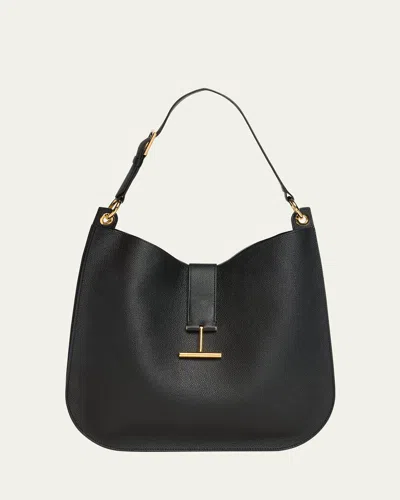 Tom Ford Tara Large Hobo Crossbody In Grained Leather In Black