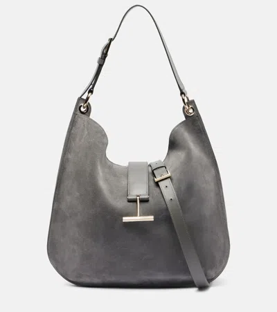 Tom Ford Tara Large Suede Crossbody Bag In Gray