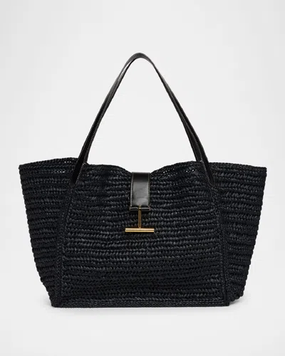 Tom Ford Tara Large Tote Bag In Raffia Viscose And Leather In Black