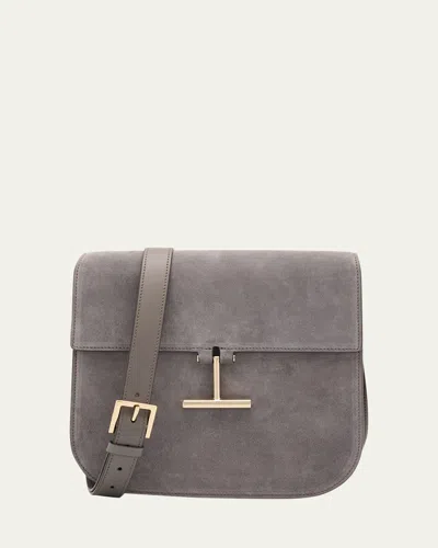 Tom Ford Tara Medium Crossbody Bag In Suede In Gray