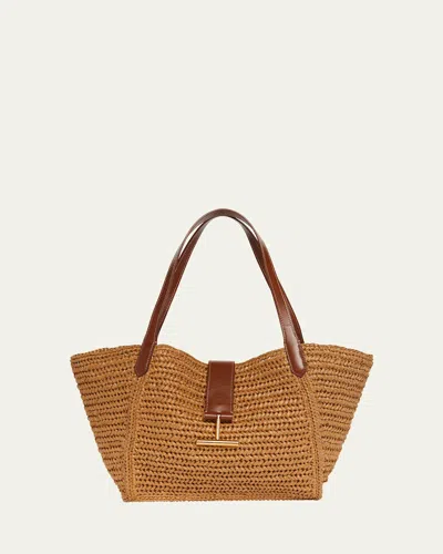 Tom Ford Tara Medium Tote Bag In Raffia Viscose And Leather In Vanilla Cuoio