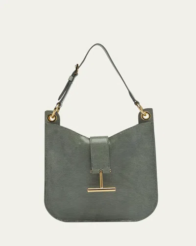 Tom Ford Tara Small Crossbody Bag In Lizard-embossed Suede And Leather In Laurel Green