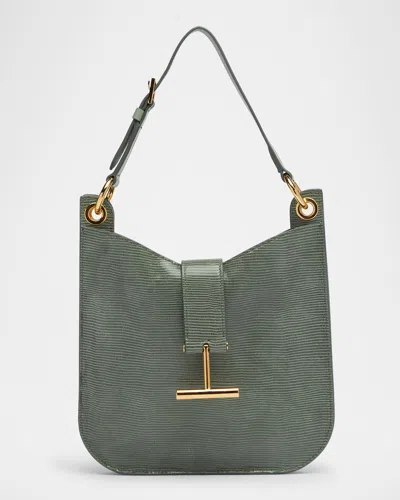 Tom Ford Tara Small Crossbody Bag In Lizard-embossed Suede And Leather In Laurel Green