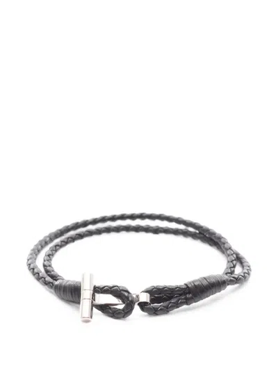 Pre-owned Tom Ford T-bar Braided Leather Bracelet In Black