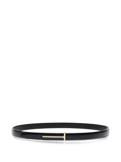 Tom Ford Croc Embossed Patent Leather Skinny Belt In Black
