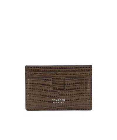Tom Ford Tejus T Line Crocodile Print Card Holder In Brown