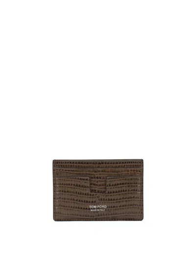 Tom Ford Tejus T Line Crocodile Print Card Holder In Brown