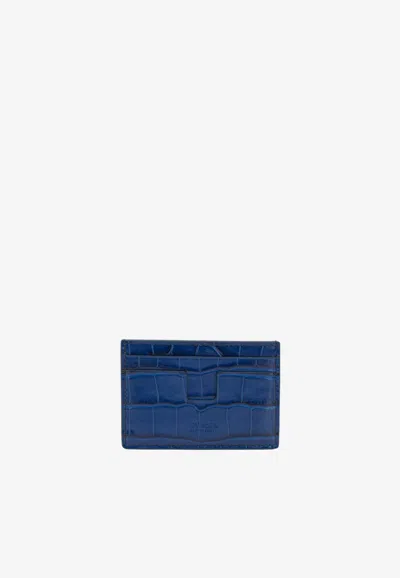 Tom Ford Tejus T Line Cardholder In Croc-embossed Leather In Blue