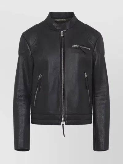 TOM FORD TEXTURED BIKER JACKET STAND COLLAR DESIGN