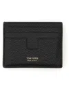 Tom Ford Black T Line Card-holder With Gold-colored Embossed Logo In Grainy Leather Man In Black