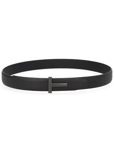 Tom Ford Textured Black Calf Leather T Buckle Belt