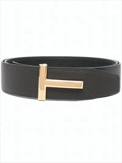 Tom Ford Textured Calfskin Belt With Gold-tone T-shaped Buckle In Black
