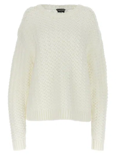 Tom Ford Crew Neck Wool Sweater With Textured Knit In White