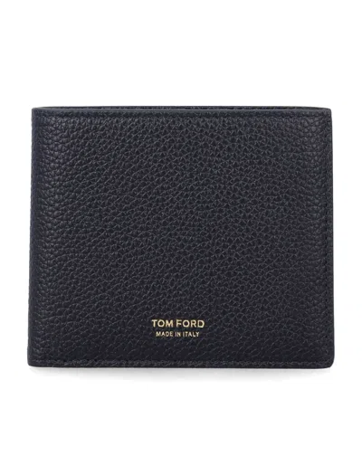 Tom Ford Textured Leather Bifold Wallet With Gold-tone Logo In Black