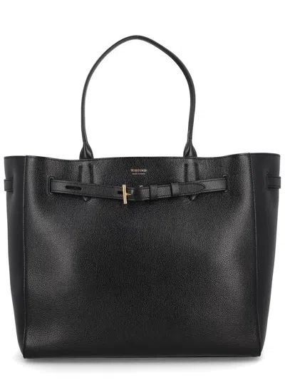 Tom Ford Textured Leather Tote Bag With Decorative Belt Detail In Black