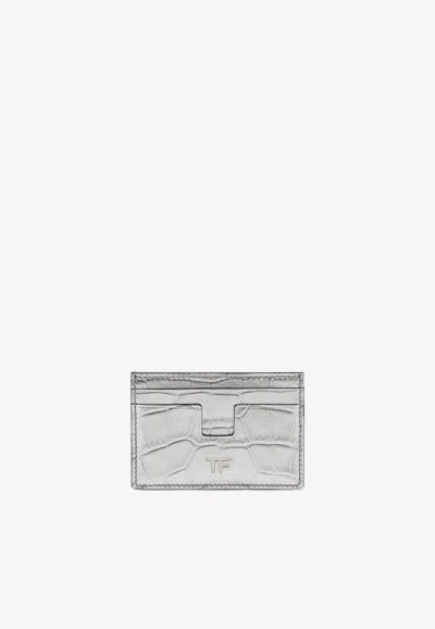 Tom Ford Tf Cardholder In Metallic Croc Embossed Leather In Silver